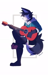 Size: 1316x2048 | Tagged: safe, artist:knochbot, oc, oc only, canine, mammal, anthro, collar, digital art, ears, full body, guitar, holding, holding object, kemono, male, musical instrument, paw pads, paws, playing guitar, playing musical instrument, shaded, sitting, solo, solo male, tail, underpaw