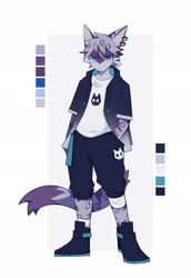 Size: 1413x2048 | Tagged: safe, artist:knochbot, oc, oc only, feline, mammal, anthro, blue eyes, clothes, color palette, front view, full body, fur, hand in pocket, jacket, kemono, male, purple body, purple fur, reference sheet, shoes, solo, solo male, standing, topwear, white shirt