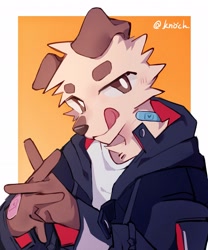 Size: 1707x2048 | Tagged: safe, artist:knochbot, oc, oc only, canine, dog, mammal, anthro, band-aid, brown ears, brown eyes, brown nose, bust, clothes, colored pupils, floppy ears, fur, hoodie, jacket, kemono, licking, licking lips, male, solo, solo male, tan body, tan fur, tongue, tongue out, topwear, white pupils, white shirt