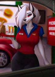 Size: 1054x1472 | Tagged: safe, artist:aozee, loona (vivzmind), canine, fictional species, hellhound, mammal, anthro, helluva boss, 2023, bottomwear, breasts, car, clothes, container, cup, detailed background, drink, drive thru, female, hair, hair over one eye, looking at you, menu, pants, plastic bag, smiling, smiling at you, solo, solo female, topwear, tray, vehicle