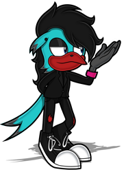 Size: 1325x1800 | Tagged: safe, artist:toyminator900, bird, corvid, magpie, songbird, anthro, as it is, patty walters, sega, sonic the hedgehog (series), beak, black hair, blue eyes, clothes, converse, eyeshadow, feathers, hair, jacket, makeup, male, nose piercing, pants, piercing, ripped pants, shoes, simple background, solo, solo male, sonicified, tail, tail feathers, teal body, topwear, torn clothes, transparent background