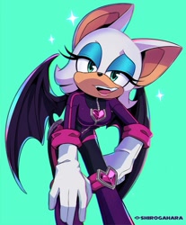 Size: 1292x1563 | Tagged: safe, artist:shiro_sonic, rouge the bat (sonic), bat, mammal, anthro, sega, sonic prime, sonic the hedgehog (series), 2022, bat wings, bedroom eyes, boots, breasts, clothes, digital art, eyelashes, eyeshadow, fangs, female, footwear, front view, fur, gloves, looking at you, makeup, open mouth, purple clothing, sharp teeth, shoes, simple background, solo, solo female, tan body, teal background, teal eyes, teeth, webbed wings, white body, white fur, wings