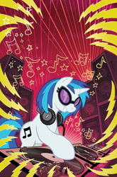 Size: 757x1149 | Tagged: dead source, safe, artist:tonyfleecs, official art, vinyl scratch (mlp), equine, fictional species, mammal, pony, unicorn, feral, friendship is magic, hasbro, idw, idw my little pony, my little pony, 2013, cover, eyelashes, female, glasses, hair, headphones, headwear, horn, hot topic, laser, laser show, lightning, mane, mare, musical note, smiling, solo, solo female, speaker, table, tail, turntable