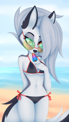 Size: 982x1729 | Tagged: safe, artist:smeeo, loona (vivzmind), canine, fictional species, hellhound, mammal, anthro, helluva boss, beach, belly button, bikini, black bikini, black swimsuit, clothes, female, food, glasses, popsicle, round glasses, solo, solo female, summer, sunglasses, swimsuit, two piece swimsuit