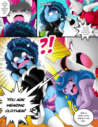 Size: 1500x1934 | Tagged: suggestive, artist:boastudio, izzy moonbow (mlp), misty (mlp g5), zipp storm (mlp), equine, fictional species, mammal, pegasus, pony, unicorn, anthro, hasbro, my little pony, my little pony g5, spoiler:my little pony g5, 2022, angry, areola, areola slip, bedroom eyes, belly button, bottomwear, breasts, clothes, comic, detailed background, dialogue, digital art, ears, eating, embarrassed, exclamation point, eyelashes, eyes closed, female, females only, hair, horn, looking at each other, nudist, nudity, open mouth, panties, popcorn, pose, question mark, scared, screaming, shirt, skirt, skirt lift, speech bubble, spread wings, sweat, sweatdrop, tail, talking, text, thighs, tongue, topwear, trio, trio female, unamused, underwear, wide hips, wings