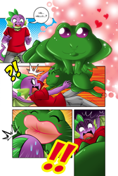 Size: 1500x2234 | Tagged: safe, artist:boastudio, spike (mlp), amphibian, dragon, fictional species, frog, anthro, feral, friendship is magic, hasbro, my little pony, 2022, anthro/anthro, anthrofied, breasts, clothes, comic, commission, detailed background, digital art, duo, duo male and female, ears, eyelashes, female, implied kissing, lips, male, open mouth, panties, scales, shirt, shocked, tail, thighs, tongue, topwear, underwear, wide hips