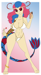 Size: 1427x2581 | Tagged: safe, artist:collinscorpio, oc, oc only, fictional species, milotic, anthro, digitigrade anthro, nintendo, pokémon, 2023, belly button, big breasts, bikini, breasts, clothes, digital art, ears, eyelashes, female, hair, pose, solo, solo female, swimsuit, tail, thighs, wide hips