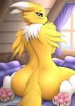 Size: 1550x2200 | Tagged: suggestive, artist:diamondstorm, fictional species, renamon, anthro, digitigrade anthro, digimon, 2023, bedroom eyes, black nose, black sclera, butt, colored sclera, covering butt, detailed background, digital art, ears, eyelashes, female, fluff, kneeling, looking at you, looking back, looking back at you, neck fluff, nudity, paw pads, paws, pose, rear view, solo, solo female, tail, thighs, wide hips