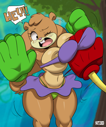 Size: 1920x2300 | Tagged: suggestive, artist:joaoppereiraus, sandy cheeks (spongebob), spongebob (spongebob), mammal, rodent, sponge (species), squirrel, anthro, nickelodeon, spongebob squarepants (series), belly button, big breasts, bikini, blushing, breasts, buckteeth, clothes, duo, duo male and female, faceless male, female, freckles, male, nudity, offscreen character, one eye closed, open mouth, plant, swimsuit, teeth, thick thighs, thighs, tree, wide hips