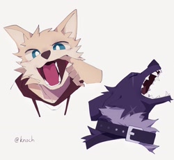 Size: 2048x1890 | Tagged: safe, artist:knochbot, oc, oc only, canine, dog, mammal, anthro, ambiguous gender, blue eyes, collar, colored tongue, duo, fur, kemono, male, open mouth, presenting, purple body, purple fur, red tongue, teeth, tongue
