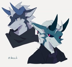 Size: 2048x1902 | Tagged: safe, artist:knochbot, dragon, fictional species, anthro, black shirt, blue body, blue horns, bust, duo, duo male, gray hair, hair, horns, kemono, male, males only, simple background, white background