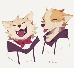 Size: 2048x1889 | Tagged: safe, artist:knochbot, oc, oc only, canine, dog, mammal, anthro, ^^, blep, cute, duo, duo male, eyes closed, fur, kawaii, kemono, male, males only, open mouth, open smile, smiling, tan body, tan fur, tongue, tongue out, yellow body, yellow fur