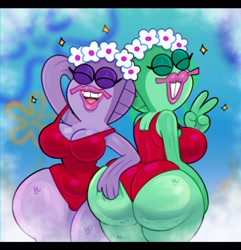 Size: 1734x1800 | Tagged: suggestive, artist:somescrub, fish, anthro, nickelodeon, spongebob squarepants (series), big breasts, breasts, butt, cleavage, clothes, duo, eyes closed, female, flower crown, gesture, huge butt, looking at you, one-piece swimsuit, open mouth, open smile, smiling, smiling at you, swimsuit, thick thighs, thighs, v sign, wide hips