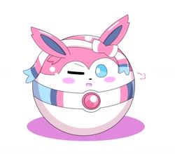 Size: 1026x904 | Tagged: safe, artist:wolf_sphere, eeveelution, fictional species, mammal, sylveon, nintendo, pokémon, ball, blue eyes, blushing, ears, morph ball, one eye closed, ribbons (body part), simple background, solo, white background