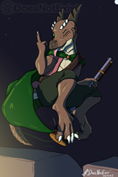 Size: 1333x2000 | Tagged: safe, artist:doesnotexist, oc, oc:bryce daeless, oc:bryce daeless (kobold), fictional species, kobold, reptile, anthro, digitigrade anthro, 2023, 4 fingers, 4 toes, bandolier, bottomwear, brown scales, cape, claws, cloak, clothes, countershading, cute, cute little fangs, dewclaw, digital art, fangs, fingers, green eyes, gun, high res, horns, jumping, male, middle finger, moon, musket, night, one eye closed, scales, shorts, signature, slit pupils, solo, solo male, stars, subscribestar, tail, tan scales, teeth, tongue, tongue out, vulgar, watermark, weapon, winking