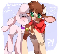 Size: 981x900 | Tagged: safe, artist:catsonmarss, artist:picklescatt, arizona cow (tfh), pom lamb (tfh), bovid, caprine, cattle, cow, lamb, mammal, sheep, feral, them's fightin' herds, 2021, bandanna, bell, bell collar, blushing, clothes, cloven hooves, collar, cute, duo, exclamation point, female, female/female, frowning, hooves, interrobang, looking at someone, nervous, open mouth, pomzoa (tfh), question mark, raised hoof, shipping, sweat, sweatdrop