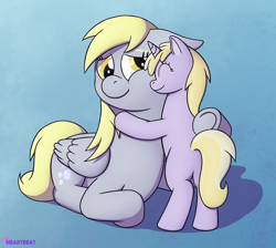Size: 1782x1600 | Tagged: safe, artist:passionpanther, derpy hooves (mlp), dinky hooves (mlp), equine, fictional species, mammal, pegasus, pony, unicorn, feral, friendship is magic, hasbro, my little pony, 2023, cute, daughter, duo, duo female, female, females only, filly, foal, gradient background, hug, mare, mother, mother and child, mother and daughter, motherly, smiling, young
