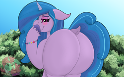 Size: 1920x1200 | Tagged: suggestive, artist:gray star, izzy moonbow (mlp), equine, fictional species, mammal, pony, unicorn, feral, friendship is magic, hasbro, my little pony, my little pony g5, spoiler:my little pony g5, 2023, big butt, blushing, bracelet, butt, butt freckles, dock, ear blush, female, floppy ears, freckles, friendship bracelet, hooves, horn, izzy moonbutt, jewelry, lidded eyes, looking at you, mare, smiling, smiling at you, solo, solo female, tail, the ass was fat, unshorn fetlocks