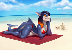 Size: 2311x1594 | Tagged: safe, artist:goatesque, fish, shark, anthro, beach, bikini, clothes, ear piercing, earring, female, fins, fish tail, hair, lying on stomach, multicolored hair, outdoors, piercing, sand castle, shark tail, sharp teeth, smiling, solo, solo female, spots, spotted body, swimsuit, tail, teeth, two toned body, two toned hair
