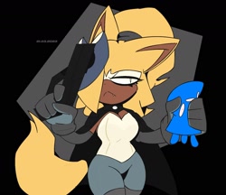 Size: 1892x1632 | Tagged: safe, artist:dynablade2, whisper the wolf (sonic), canine, fictional species, mammal, wisp, wolf, anthro, idw sonic the hedgehog, sega, sonic the hedgehog (series), breasts, brown body, cape, fangs, female, gun, hair, hair accessory, hair over one eye, handgun, holding, holding object, holding weapon, mask, pistol, ponytail, probably a glock, sharp teeth, teeth, weapon