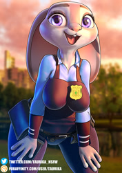 Size: 849x1200 | Tagged: safe, artist:taurika, judy hopps (zootopia), lagomorph, mammal, rabbit, anthro, disney, zootopia, 2023, bent over, breasts, buckteeth, clothes, detailed background, digital art, ears, eyelashes, female, floppy ears, looking at you, open mouth, pink nose, police uniform, pose, solo, solo female, tail, teeth, thighs, tongue, wide hips