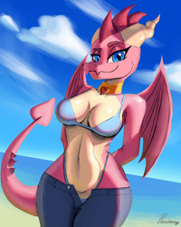 Size: 960x1200 | Tagged: suggestive, artist:paradoxing5, ember the dragon (spyro), dragon, fictional species, anthro, spyro the dragon (series), 2023, beach, bedroom eyes, bikini, breasts, clothes, detailed background, digital art, dragoness, ears, eyelashes, female, horns, looking at you, pants, pants pulled down, pose, scales, solo, solo female, swimsuit, tail, thighs, wide hips