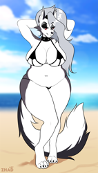 Size: 852x1500 | Tagged: suggestive, artist:zhadart, loona (vivzmind), canine, fictional species, hellhound, mammal, anthro, digitigrade anthro, hazbin hotel, helluva boss, 2023, armpits, arms behind head, beach, bedroom eyes, bikini, black nose, breasts, clothes, colored sclera, detailed background, digital art, ears, eyelashes, female, fur, hair, micro bikini, pose, red sclera, slightly chubby, solo, solo female, swimsuit, tail, thighs, wide hips