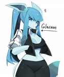 Size: 1721x2048 | Tagged: safe, artist:toge77789, eeveelution, fictional species, glaceon, mammal, anthro, nintendo, pokémon, bottomwear, clothes, female, pants, shirt, solo, solo female, tail, thick thighs, thighs, topwear, wide hips