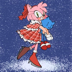 Size: 768x768 | Tagged: safe, artist:waterdesukedo, amy rose (sonic), sonic the hedgehog (sonic), hedgehog, mammal, anthro, sega, sonic the hedgehog (series), blushing, boots, bottomwear, clothes, dress, female, gloves, holding, holding object, looking at you, plushie, shoes, smiling, smiling at you, solo, solo female, toy