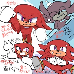 Size: 768x768 | Tagged: safe, artist:waterdesukedo, knuckles the echidna (sonic), echidna, mammal, monotreme, anthro, sega, sonic the hedgehog (series), japanese text, male, one eye closed, purple eyes, red body, solo, solo male, text, underwater, water