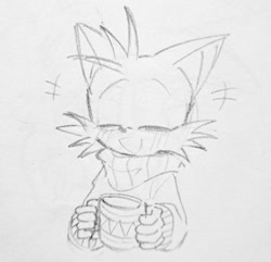 Size: 1024x986 | Tagged: safe, artist:kuteun0, miles "tails" prower (sonic), canine, fox, mammal, anthro, sega, sonic the hedgehog (series), clothes, eyes closed, grayscale, holding, holding object, irl, male, monochrome, mug, open mouth, open smile, pencil drawing, photo, photographed artwork, scarf, smiling, solo, solo male, sweater, topwear, traditional art