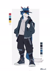 Size: 1448x2048 | Tagged: safe, artist:knochbot, oc, oc only, canine, mammal, anthro, blue body, blue fur, bottomwear, clothes, commission, fur, jacket, kemono, male, pants, reference sheet, shirt, shoes, solo, solo male, topwear, white body, white fur