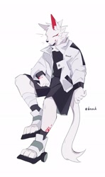 Size: 1212x2048 | Tagged: safe, artist:knochbot, oc, oc only, canine, mammal, anthro, bottomwear, clothes, eyes closed, full body, fur, jacket, kemono, male, shoes, shorts, simple background, smiling, solo, solo male, topwear, white background, white body, white fur