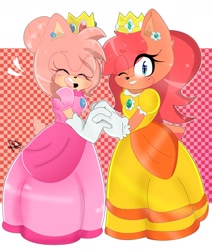 Size: 1684x1984 | Tagged: safe, artist:halern2010, amy rose (sonic), princess daisy (mario), princess peach (mario), princess sally acorn (sonic), chipmunk, hedgehog, mammal, rodent, archie sonic the hedgehog, mario (series), nintendo, sega, sonic the hedgehog (series), abstract background, blue eyes, bottomwear, clothes, cosplay, crossover, crown, dress, duo, eyes closed, female, females only, gloves, hair, headwear, jewelry, looking at you, one eye closed, open mouth, pink hair, red hair, regalia, signature, winking