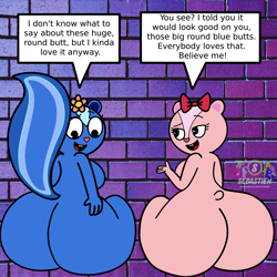 Size: 2832x2832 | Tagged: suggestive, artist:mrstheartist, giggles (htf), petunia (htf), bear, chipmunk, mammal, rodent, skunk, anthro, happy tree friends, anthrofied, bedroom eyes, big butt, blue body, blue fur, bow, brick, brick wall, bricks, butt, digital art, duo, duo female, female, females only, flower, fur, heart nose, huge butt, logo, looking at another, looking at butt, looking at someone, looking back, looking down, medibang paint, pie eyes, pink body, pink fur, plant, purple background, seductive, seductive eyes, seductive look, seductive pose, sexy, short tail, simple background, sitting, speech bubble, tail, thick thighs, thighs, watermark