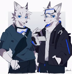 Size: 2213x2255 | Tagged: safe, artist:knochbot, oc, oc only, canine, mammal, wolf, anthro, blue eyes, clothes, commission, duo, duo male, fur, hair, jacket, kemono, male, males only, topwear, white body, white fur, white hair