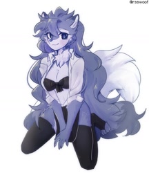 Size: 1113x1286 | Tagged: dead source, safe, artist:rsswoof, oc, oc only, oc:wolf (rsswoof), canine, mammal, wolf, belly button, black bra, black underwear, bra, breasts, cheek fluff, claws, clothes, female, fluff, fur, gray body, gray eyes, gray fur, gray hair, hair, kneeling, legwear, long hair, looking at you, multicolored fur, simple background, solo, solo female, stockings, tail, tail fluff, two toned body, two toned fur, underwear, white background, white body, white fur