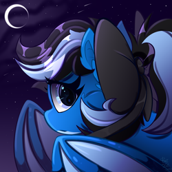 Size: 2500x2500 | Tagged: safe, artist:starcasteclipse, oc, oc only, oc:starcast, bat pony, equine, fictional species, mammal, pony, feral, friendship is magic, hasbro, my little pony, 2023, bat wings, bow, crescent moon, female, hair, hair bow, high res, mane, mare, moon, night, solo, solo female, webbed wings, wings