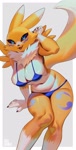 Size: 1036x2048 | Tagged: safe, artist:aruurara, fictional species, renamon, anthro, digimon, 2023, belly button, big breasts, bikini, blue bikini, blue eyes, blue sclera, body markings, breasts, clothes, colored sclera, eyelashes, female, fluff, fur, gloves, looking at you, neck fluff, open mouth, solo, solo female, swimsuit, white body, white fur, yellow body, yellow fur