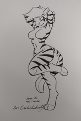 Size: 1436x2147 | Tagged: suggestive, artist:eric w schwartz, oc, big cat, feline, mammal, tiger, anthro, digitigrade anthro, 2019, 3 toes, 4 fingers, arms behind head, barefoot, belly button, black and white, breasts, commission, crossed arms, featureless breasts, female, fur, grayscale, hair, marker drawing, monochrome, nudity, on one leg, pinup, posing, seductive look, solo, solo female, standing, striped fur, striped tail, stripes, tail, traditional art, white tiger