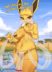 Size: 1500x2080 | Tagged: suggestive, artist:burgerkiss, eeveelution, fictional species, glaceon, jolteon, mammal, anthro, nintendo, pokémon, 2023, belly dancer, black nose, breast grab, breast squish, breasts, cameltoe, clothes, dancing, desert, detailed background, dialogue, dripping, ears, eyelashes, female, fluff, fur, grope, hair, heart, heart eyes, lake, lifting breasts, looking at you, neck fluff, oasis, open mouth, outdoors, palm tree, panties, pasties, plant, pose, self grope, speech bubble, sweat, tail, talking, talking to viewer, text, thong, tree, veil, water, wingding eyes, yellow body
