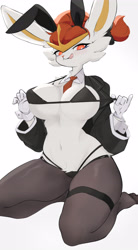 Size: 2809x5098 | Tagged: suggestive, artist:yoru_vida, cinderace, fictional species, anthro, nintendo, pokémon, 2023, bedroom eyes, belly button, bikini, blushing, breasts, bunny ears, bunny suit, clothes, digital art, ears, eyelashes, female, fur, high heels, jacket, kneeling, legwear, looking at you, pose, red nose, reverse bunny suit, shoes, short tail, simple background, solo, solo female, starter pokémon, stockings, swimsuit, tail, thighs, topwear, white background, wide hips