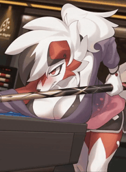 Size: 720x978 | Tagged: suggestive, alternate version, artist:healingpit, artist:zinfyu, fictional species, lycanroc, mammal, midnight lycanroc, anthro, nintendo, pokémon, 2022, animated, bent over, big breasts, biting, black nose, blinking, blushing, bottomwear, bouncing breasts, bra, breasts, clothes, detailed background, digital art, ears, embarrassed, eyelashes, female, fur, hair, hanging breasts, hoodie, lip biting, no sound, pool table, sharp teeth, shorts, solo, solo female, tail, teeth, thighs, topwear, underwear, webm, wide hips