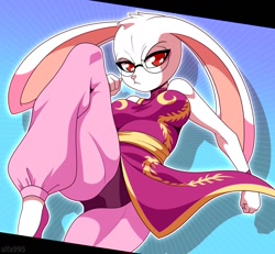 Size: 1280x1181 | Tagged: safe, artist:alfa995, oc, oc only, lagomorph, mammal, rabbit, anthro, 2023, breasts, chinese dress, chinese new year, clothes, digital art, ears, eyelashes, female, fur, glasses, kicking, pink nose, round glasses, shoes, solo, solo female, tail, thighs, wide hips, year of the rabbit