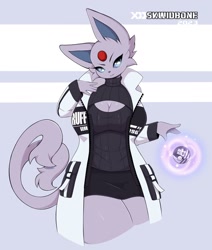 Size: 1200x1416 | Tagged: safe, artist:skwidbone, oc, oc only, eeveelution, espeon, fictional species, mammal, anthro, nintendo, pokémon, 2023, big breasts, black nose, bottomwear, breasts, clothes, digital art, ears, eyelashes, female, fur, jacket, looking at you, shirt, shorts, simple background, solo, solo female, tail, thighs, topwear, wide hips