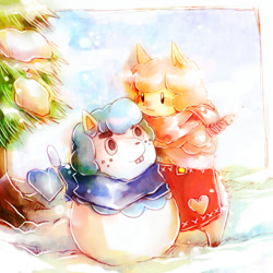 Size: 700x700 | Tagged: safe, artist:dufy, cyrus (animal crossing), reese (animal crossing), alpaca, mammal, anthro, animal crossing, nintendo, 2012, apron, camelid, clothes, female, gloves, mittens, plant, scarf, smiling, snow, snowman, solo, solo female, stick, tree, ungulate