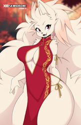 Size: 1544x2386 | Tagged: safe, alternate version, artist:skwidbone, oc, oc only, fictional species, ninetales, anthro, nintendo, pokémon, 2023, bedroom eyes, belly button, black nose, breasts, chinese dress, detailed background, digital art, ears, eyelashes, female, hair, looking at you, side slit, solo, solo female, tail, thighs, total sideslit, wide hips