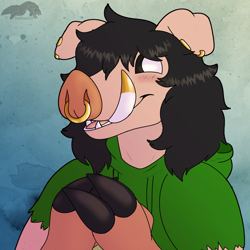 Size: 1600x1600 | Tagged: safe, artist:thatblackfox, boar, fictional species, mammal, pig, piglin, suid, minecraft, clothes, gold, hoodie, male, piercing, swine, teeth, tooth, topwear, tusks