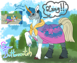 Size: 1280x1052 | Tagged: safe, artist:malinraf1615, izzy moonbow (mlp), equine, fictional species, mammal, pony, unicorn, feral, hasbro, my little pony, my little pony g5, spoiler, spoiler:my little pony g5, spoiler:my little pony: tell your tale, spoiler:tyts01e09, 2023, cape, cheek kiss, clothes, female, flashlight, food, golf club, googly eyes, hooves, ice cream cone, it's t.u.e.s. day, kissing, lunchbox, mailbox, male, male focus, mop, my little pony: tell your tale, neckerchief, offscreen character, plunger, ponified, screencap reference, señor butterscotch (mlp), solo focus, spoon, stallion, tape, teacup, unshorn fetlocks