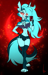 Size: 823x1280 | Tagged: safe, artist:birchly, loona (vivzmind), canine, fictional species, hellhound, mammal, anthro, digitigrade anthro, hazbin hotel, helluva boss, belly button, bottomwear, cell phone, claws, clothes, collar, colored sclera, crop top, digital art, ear piercing, ears, female, fur, hair, legwear, looking at you, paws, phone, piercing, red background, red sclera, short shorts, shorts, simple background, smartphone, smiling, smiling at you, solo, solo female, spiked collar, stockings, tail, tank top, thick thighs, thighs, tippy-toes, toe claws, toes, tongue, tongue out, topwear, wide hips